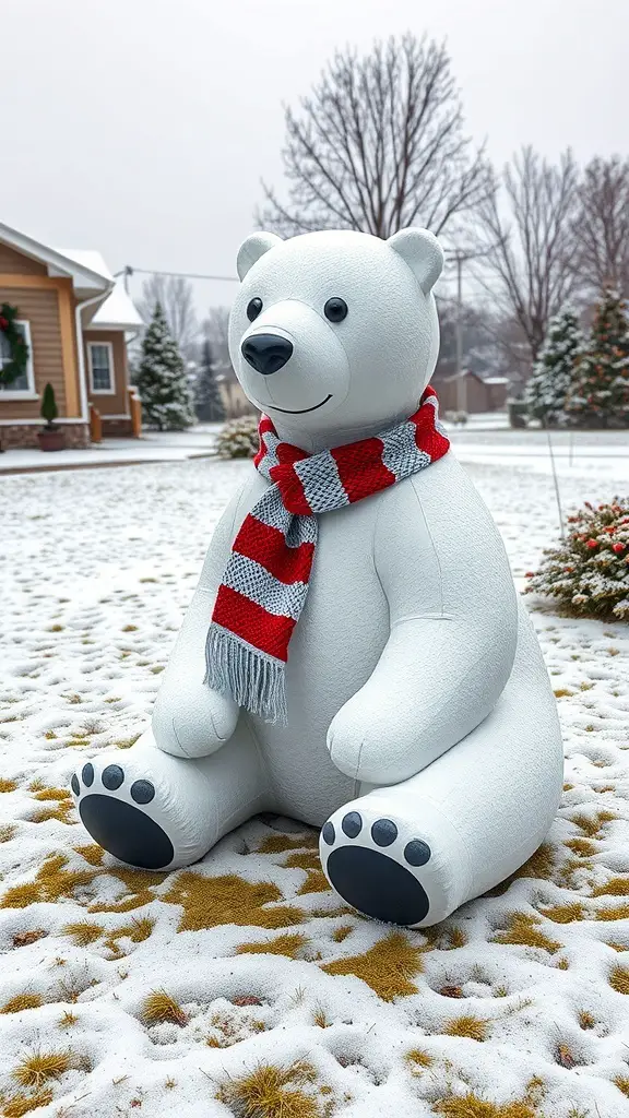 Giant polar bear decoration wearing a red and white striped scarf in a snowy yard