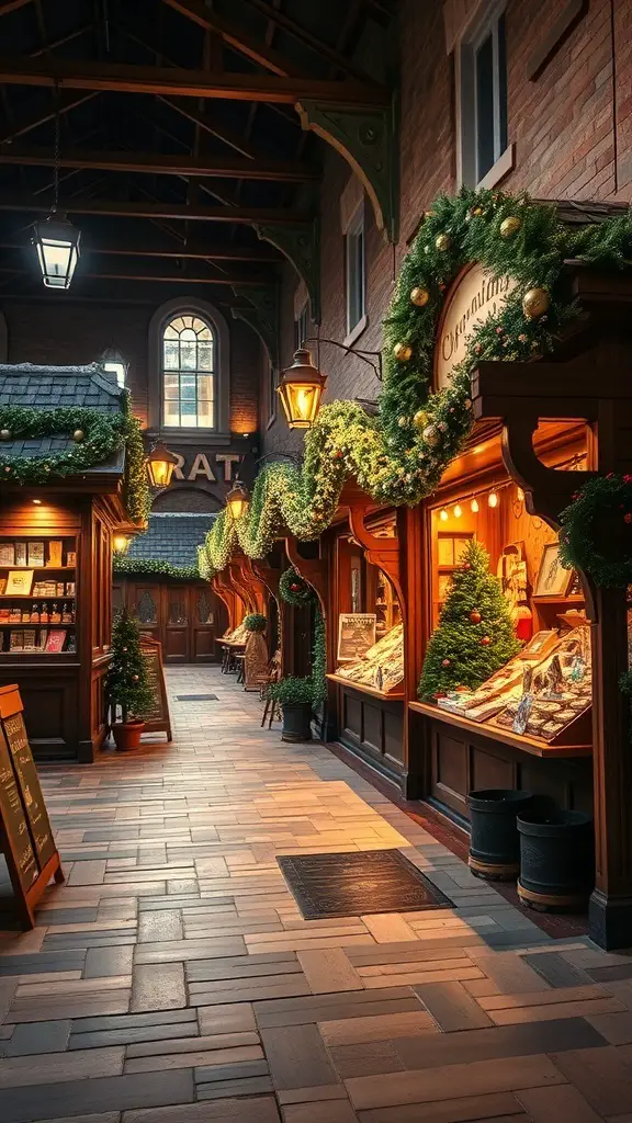 31+ Stunning Storefront Christmas Displays to Get You in the Holiday Spirit 5 A vintage Christmas market with decorated storefronts and a cobblestone pathway.