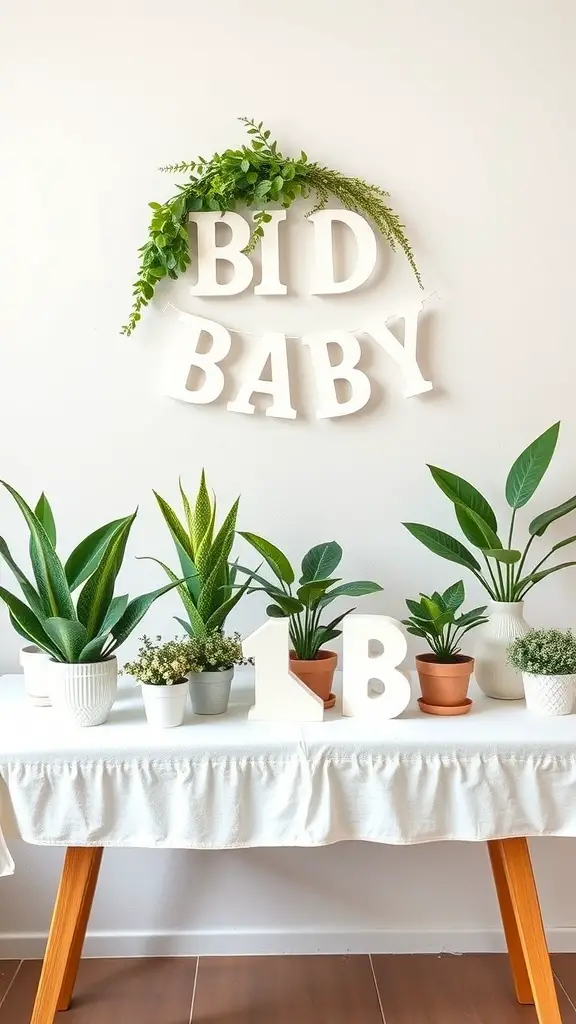 23+ Unique Boho Baby Shower Ideas You’ll Love 14 A table with potted plants and a backdrop that says 'BID BABY'