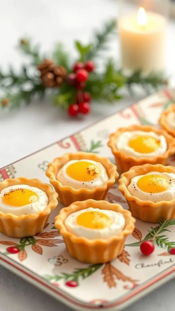 Mini egg and cheese breakfast tarts on a festive plate with holiday decorations
