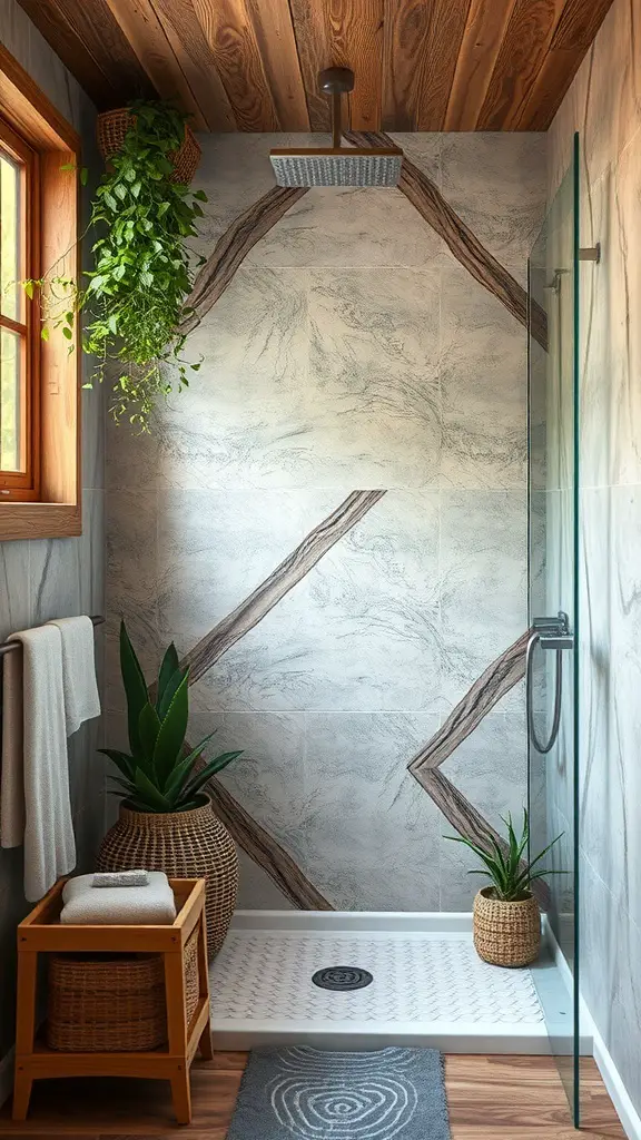 A small shower featuring natural elements like wood, plants, and stone textures.