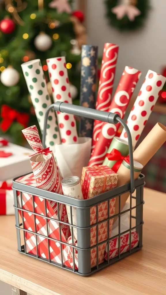 A portable caddy filled with colorful wrapping paper rolls and small gifts, set against a festive background.