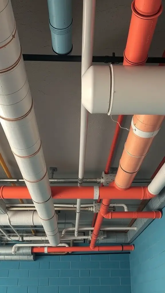Colorful exposed pipes and ducts on a basement ceiling