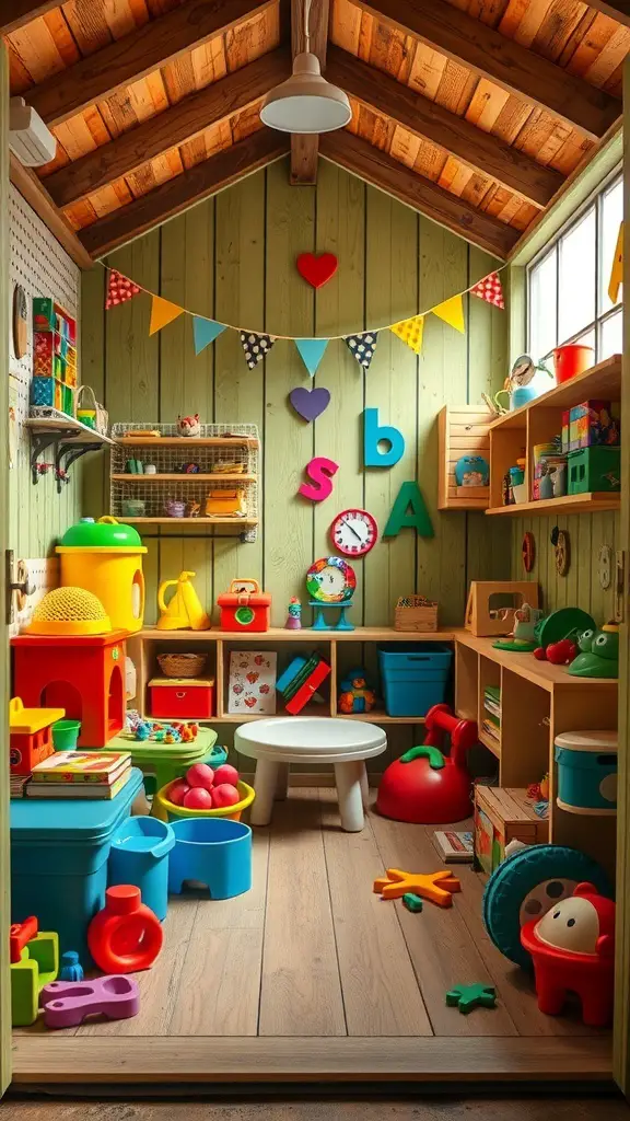 Interior of a colorful playroom shed for kids filled with toys and decorations