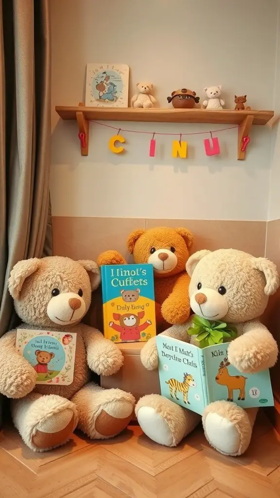 27+ Adorable Bear Baby Shower Ideas for the Perfect Celebration 16 A cozy Teddy Bear Storybook Corner with plush bears and colorful books on a wooden shelf.