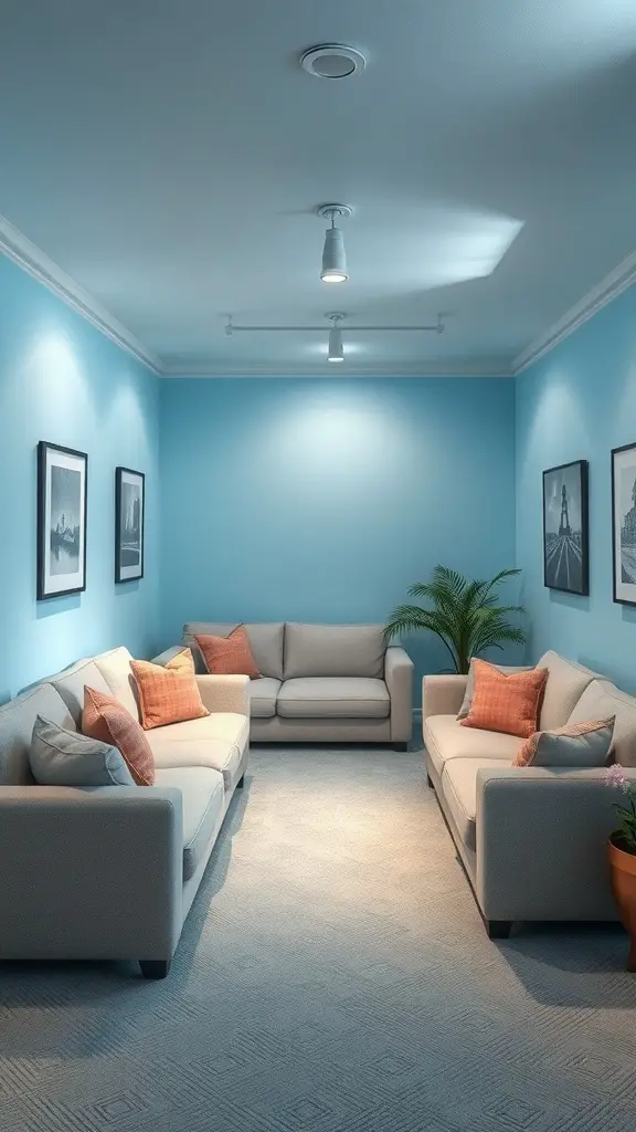 A cozy basement with sky blue walls and light-colored furniture, featuring orange cushions and a potted plant.