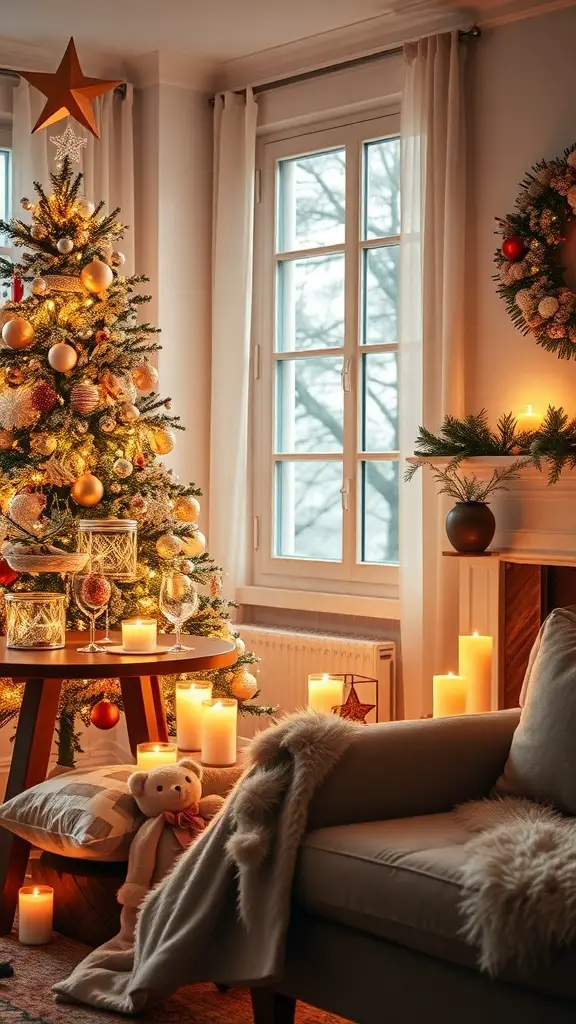 27+ Stunning Pearl Christmas Tree Decorations for a Glamorous Holiday Look 4 A cozy room with a pearl-themed Christmas tree, warm lighting, and festive decorations.