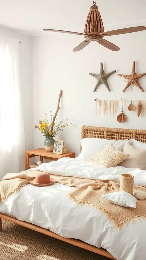 A cozy boho coastal bedroom featuring a woven bed, beach-themed decor, and soft neutral colors.