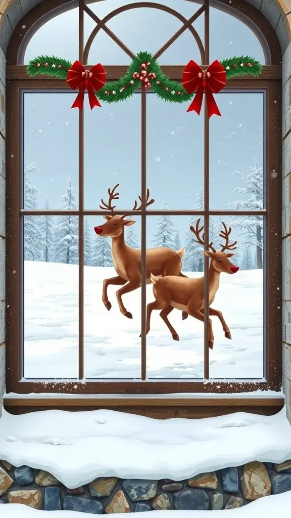 A cozy window scene featuring two playful reindeer in a snowy landscape, decorated with festive garland and bows.