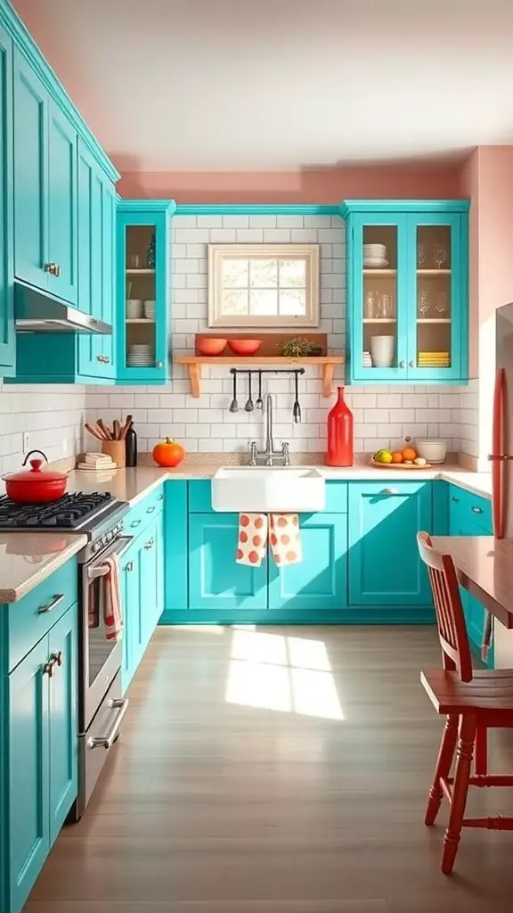 27+ Stunning Kitchen Color Palette Ideas for Your Home Makeover 13 A vibrant kitchen featuring turquoise cabinets, coral walls, and a farmhouse sink.