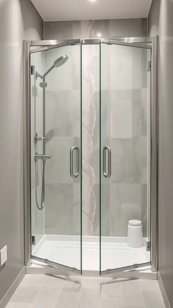 A small shower with folding glass doors, showcasing a modern design.