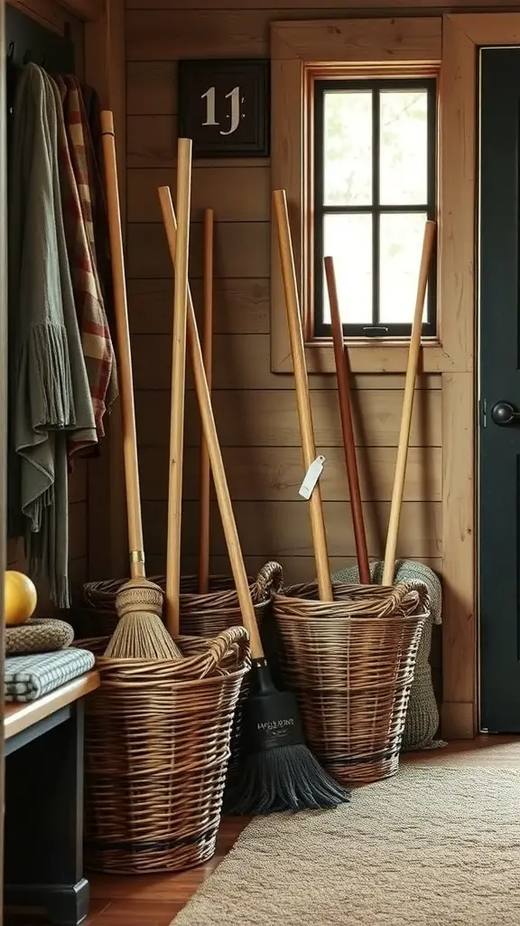 A cozy storage area with woven baskets holding brooms and mops, showcasing a rustic interior design.