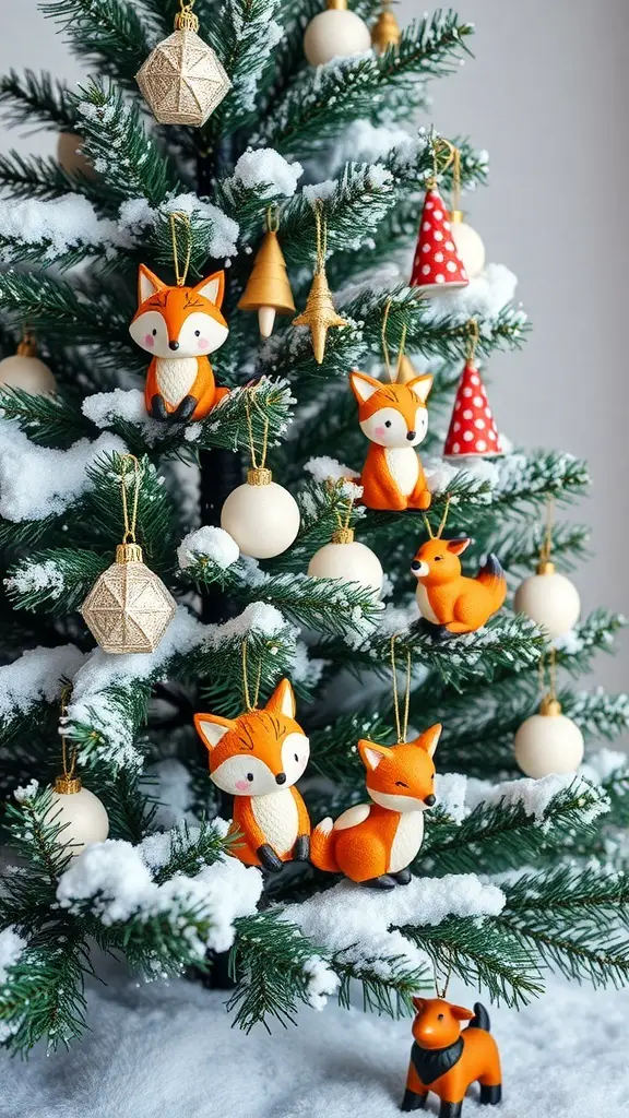 A Christmas tree decorated with fox ornaments and snowy accents.
