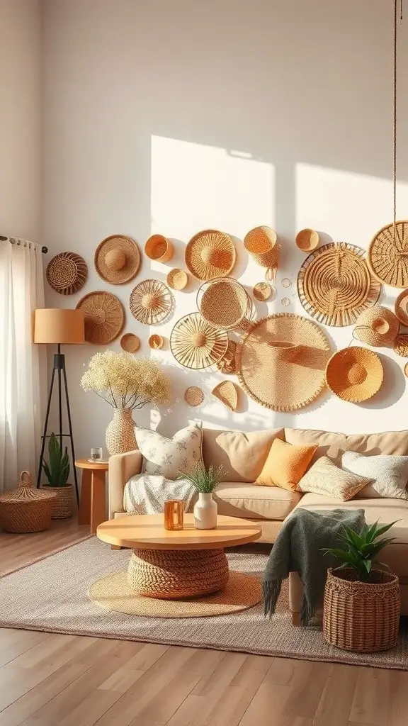 A boho living room featuring a basket wall and stylish floor lamp.