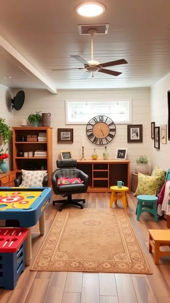 A colorful basement space with playful decor, featuring a blue and red play table, small stools, and cozy seating.