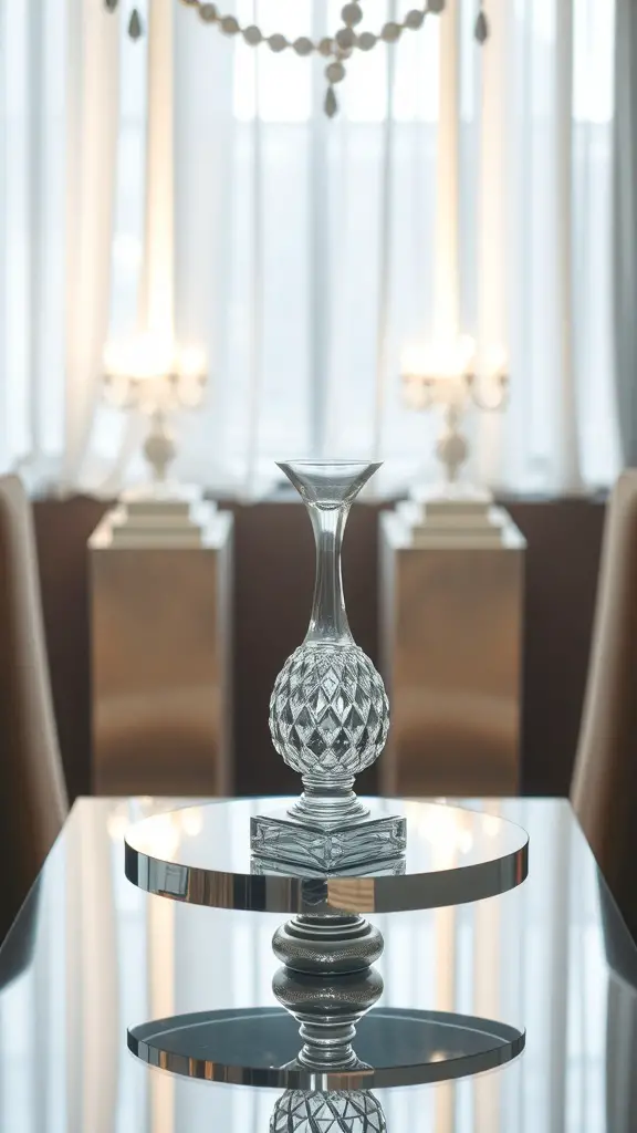 23+ Stunning Table Centerpieces to Elevate Your Home Decor 10 A crystal vase on a mirrored surface with soft lighting in the background.
