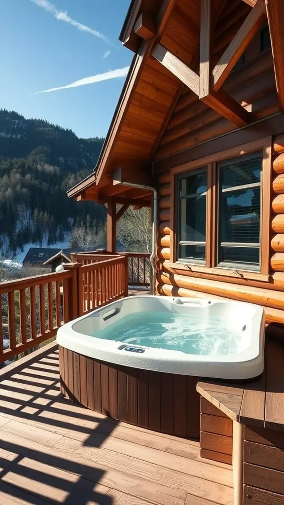 Luxury cabin exterior with a hot tub on the deck overlooking mountains