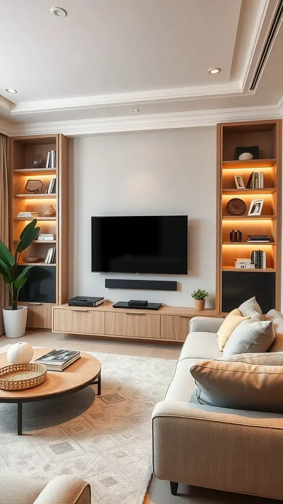 A modern living room featuring built-in shelves around an entertainment unit, with a cozy couch and warm lighting.