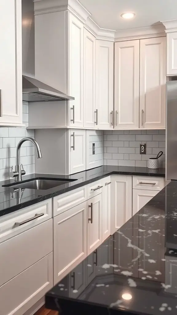 A modern kitchen with off-white cabinets and a dark countertop.