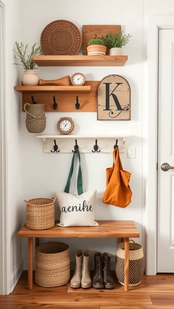 29+ Creative DIY Garage Mudroom Ideas You’ll Love 11 A cozy mudroom setup featuring wooden shelves, hooks, a bench, and storage baskets.