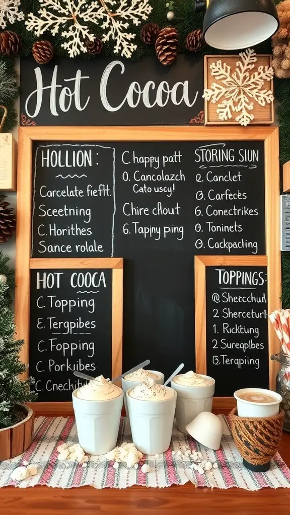 23+ Budget-Friendly Dollar Tree Hot Cocoa Bar Ideas 6 Chalkboard signage for a hot cocoa bar with various toppings and ingredients listed.