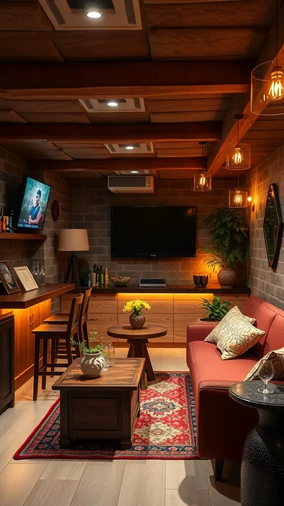 Cozy basement bar with a TV, wooden accents, and comfortable seating.