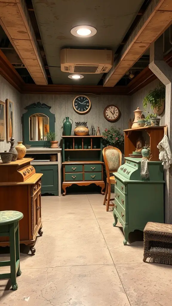 A cozy basement corner featuring charming painted furniture in soft green hues, vintage clocks, and decorative plants.