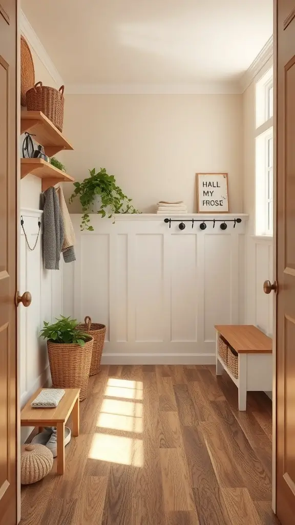 25+ Stylish Mudroom Tile Floor Ideas You’ll Love 3 A cozy mudroom with rustic wood-look tile flooring, light walls, and natural decor.