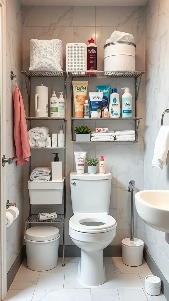 25+ Creative Ways to Store Your Feminine Hygiene Products 11 Organized bathroom storage with shelves holding toiletries and hygiene products.