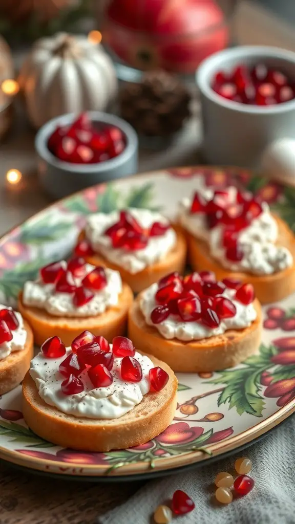 A platter of pomegranate and goat cheese crostini topped with pomegranate seeds, surrounded by festive decorations.