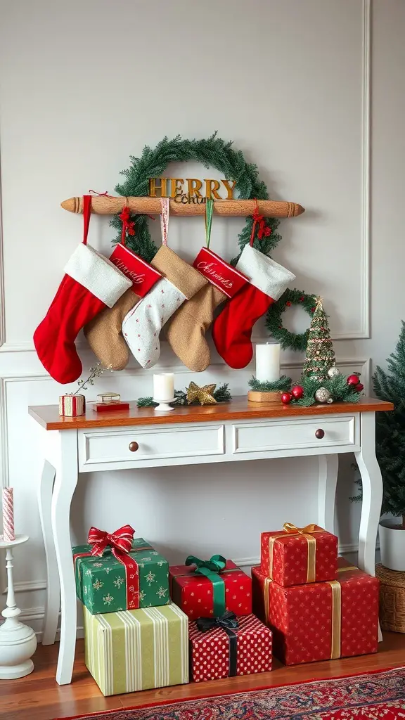 29+ Stunning Christmas Console Table Decor Ideas 4 A festive console table decorated with stockings, a wreath, candles, and wrapped gifts for Christmas.