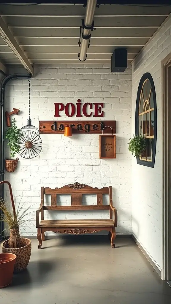 27+ Creative Garage Entryway Ideas for a Stylish Welcome 3 A cozy garage entryway featuring a wooden bench, vintage decor, and plants.