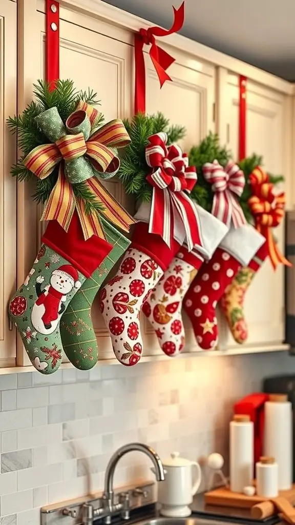 29+ Creative Christmas Decor Ideas for Above Kitchen Cabinets 6 Colorful Christmas stockings with holiday bows hanging above kitchen cabinets