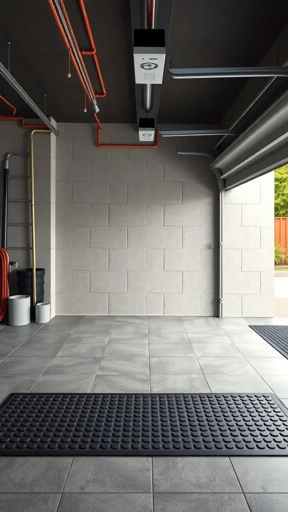 27+ Creative Garage Entryway Ideas for a Stylish Welcome 11 A modern garage with tiled flooring and rubber mats.