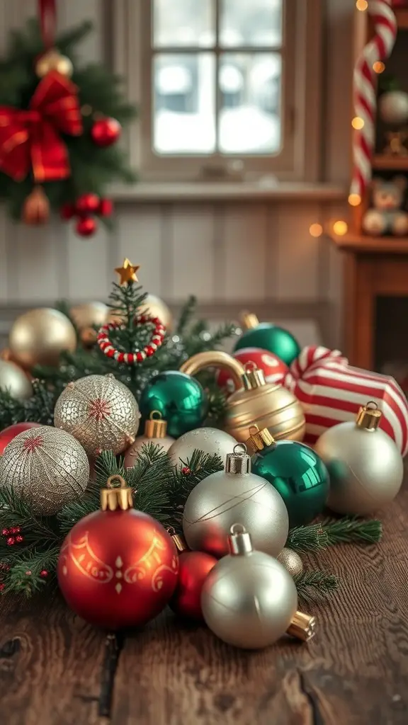 29+ Rustic Christmas Table Décor Ideas for a Cozy Holiday Celebration 9 A collection of vintage Christmas ornaments in various colors and designs on a rustic wooden table.