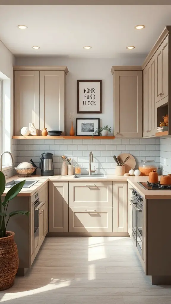 A cozy kitchen featuring taupe cabinets, decorated with various accessories and plants.