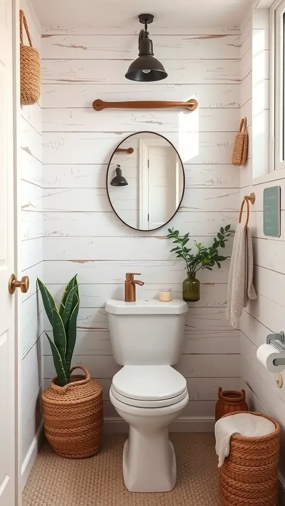 A cozy boho bathroom with textured shiplap walls, a round mirror, and natural decor elements.