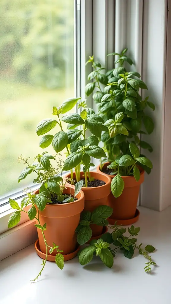 Potted herbs on a windowsill, showcasing a small indoor herb garden.