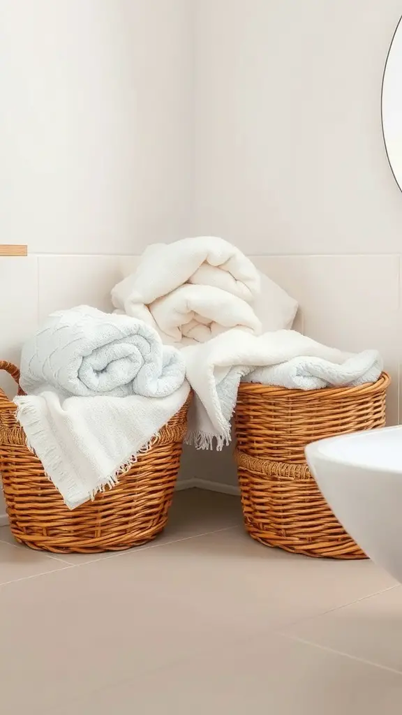 Two woven baskets filled with neatly folded towels in a bathroom setting.