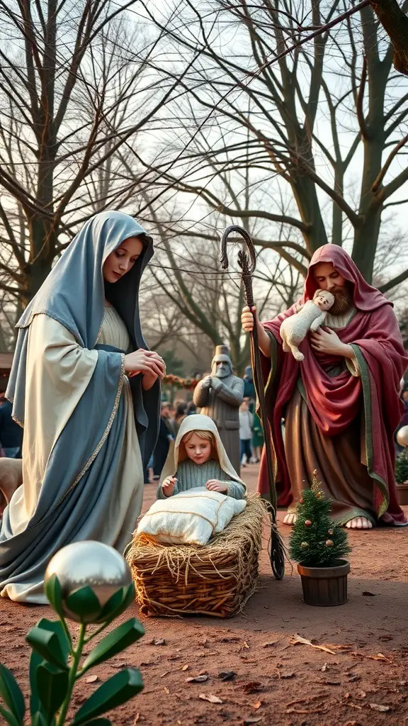 A large nativity scene featuring Mary, Joseph, and baby Jesus, surrounded by trees and festive decorations.