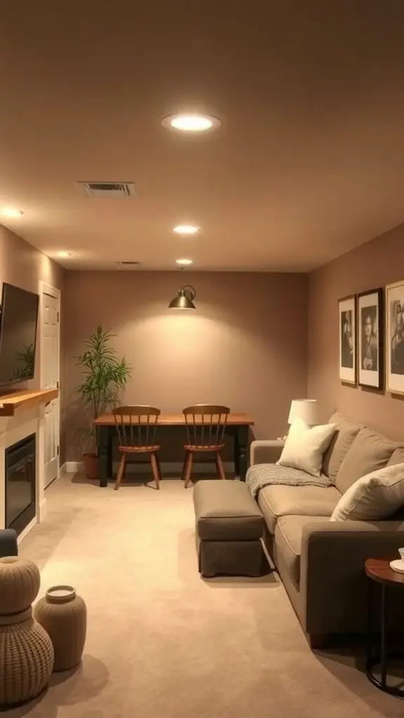 Cozy basement with soft neutral walls, comfortable sofa, wooden dining table, and plants.