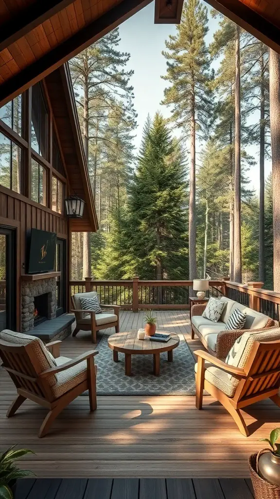 A cozy outdoor living space with wooden furniture, surrounded by tall trees.