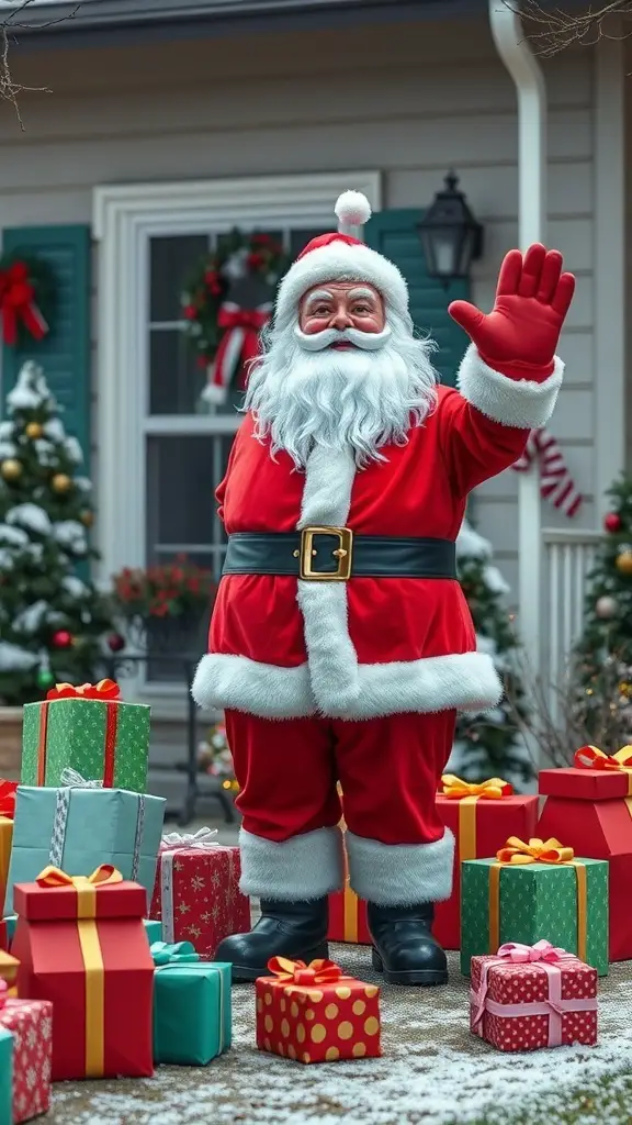 A large Santa Claus figure waving, surrounded by colorful wrapped gifts in a snowy yard.