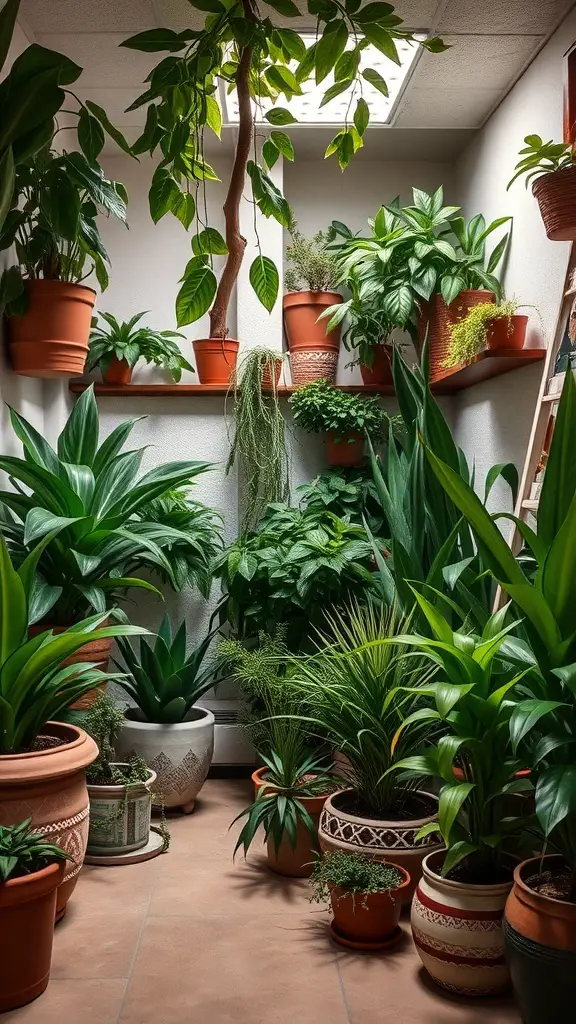 25+ Stunning Boho Basement Ideas to Transform Your Space 6 Indoor plant oasis with various plants in pots and shelves