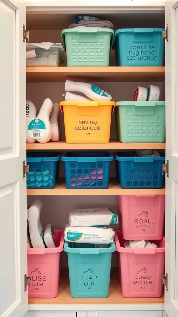 25+ Creative Ways to Store Your Feminine Hygiene Products 15 Color-coded bins for feminine hygiene storage in a cabinet