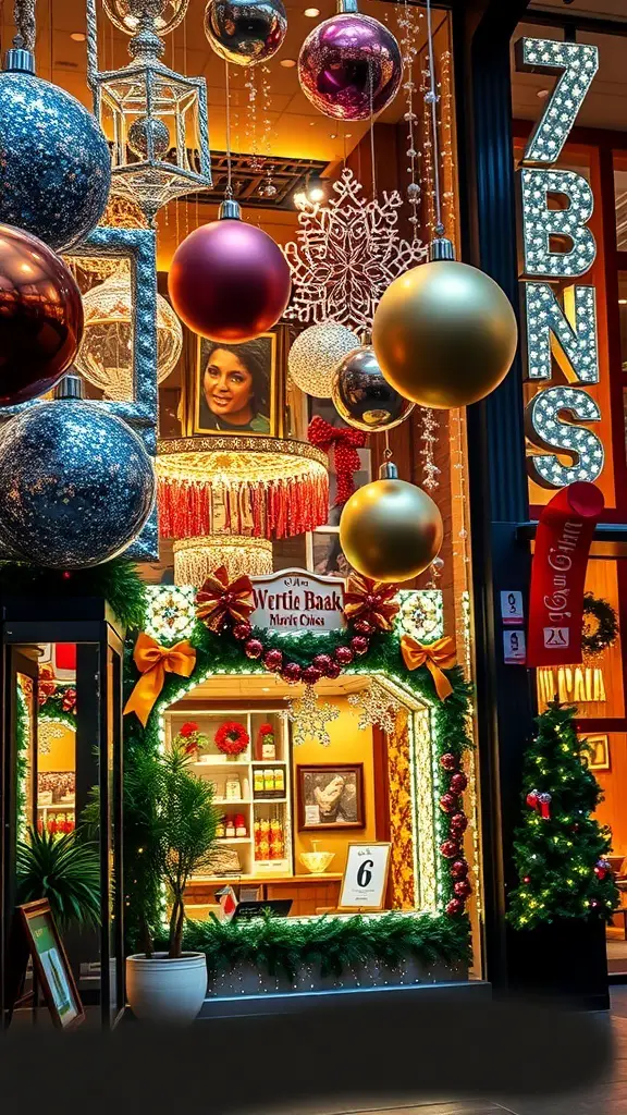 31+ Stunning Storefront Christmas Displays to Get You in the Holiday Spirit 16 A festive storefront display featuring large colorful ornaments, twinkling lights, and holiday decorations.