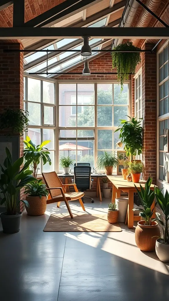 27+ Inspiring Basement Office Ideas for Ultimate Productivity 5 Bright basement office with large windows, plants, and wooden furniture