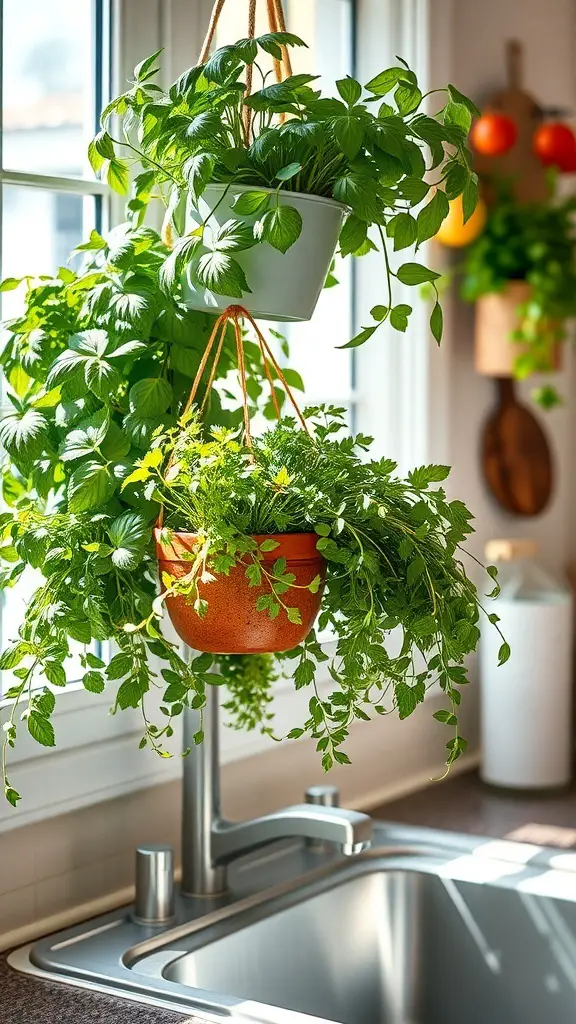 A hanging herb garden above a kitchen sink with vibrant green plants.