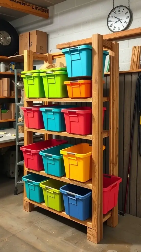 A wooden pallet rack with colorful plastic storage totes arranged on it.