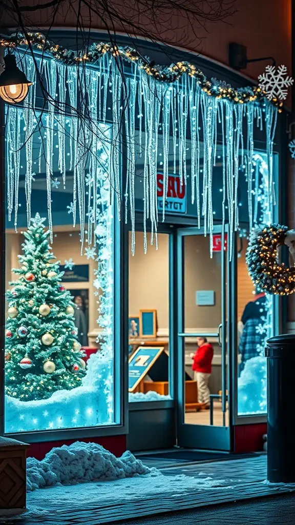 31+ Stunning Storefront Christmas Displays to Get You in the Holiday Spirit 8 Storefront display featuring a winter wonderland theme with a Christmas tree and icicle lights